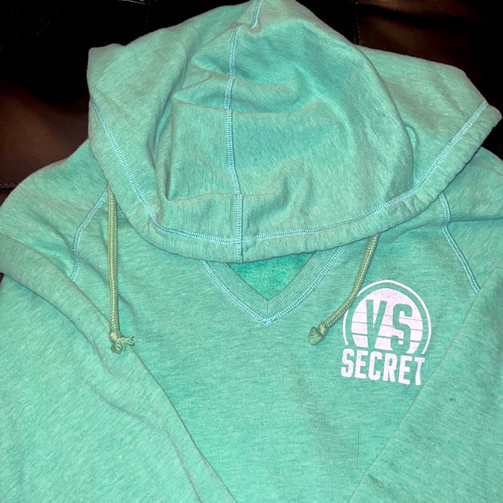 Small PINK/Victorias Secret teal hooded v-neck sweater